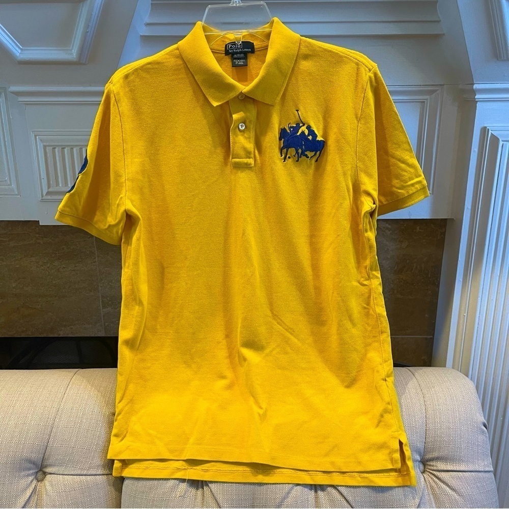 AD: VTG Polo Ralph Lauren Double BIG Pony Golden Shirt Yellow Blue Big 3 Boys XL